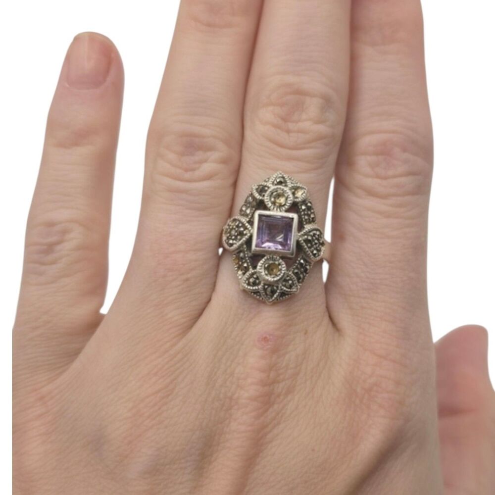 Vintage Ari D. Norman Sterling Silver Amethyst & Marcasite Victorian Style Ring